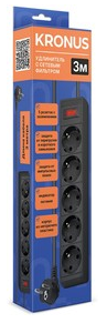 Удлинитель с сетевым фильтром KRONUS 3м KRS-07-0006 (5 розеток, ПВС 3х1 мм2, 2200 Вт, ток 10А,